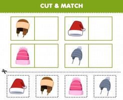 Education game for children cut and match the same picture of cute cartoon beanie hat printable winter worksheet vector