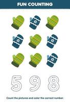 Education game for children count the pictures and color the correct number from cute cartoon mitten printable winter worksheet vector