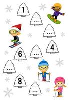 Education game for complete the sequence of number with cute cartoon boy and girl playing ski picture printable winter worksheet vector