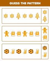 Education game for children guess the pattern each row from cute cartoon gingerbread cookie printable winter worksheet vector