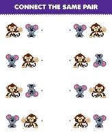 Education game for children connect the same picture of cute cartoon monkey and koala pair printable animal worksheet vector