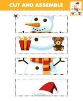 Education game for children cutting practice and assemble puzzle with cute cartoon snowman printable winter worksheet vector