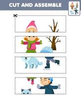 Education game for children cutting practice and assemble puzzle with cute cartoon boy and girl playing ice skating printable winter worksheet