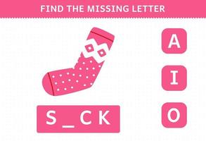 Education game for children find missing letter of cute cartoon sock printable winter worksheet vector