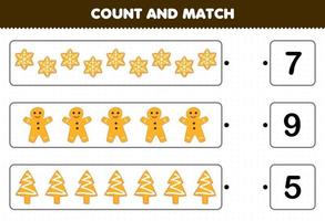 Education game for children count the number of cute cartoon gingerbread cookie and match with the right numbers printable winter worksheet vector