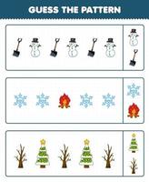 Education game for children guess the pattern each row from cute cartoon shovel snowman snowflake bonfire christmas tree printable winter worksheet vector