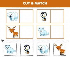 Education game for children cut and match the same picture of cute cartoon polar bear penguin deer arctic fox printable winter worksheet vector