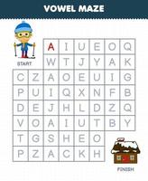 Education game for children vowel maze help cute cartoon boy playing ski move to house printable winter worksheet vector