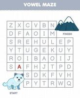 juego educativo para niños laberinto de vocales ayuda linda caricatura zorro ártico mudarse a la montaña hoja de trabajo de invierno imprimible vector