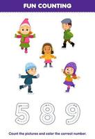 Education game for children count the pictures and color the correct number from cute cartoon boy and girl playing ice skating printable winter worksheet vector