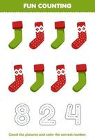 Education game for children count the pictures and color the correct number from cute cartoon sock printable winter worksheet vector