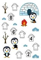 Education game for complete the sequence of number with cute cartoon penguin bonfire and igloo picture printable winter worksheet vector