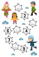 Education game for complete the sequence of number with cute cartoon boy and girl playing ice skating picture printable winter worksheet vector