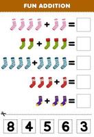 Education game for children fun addition by cut and match correct number for cute cartoon sock printable winter worksheet vector