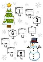 Education game for complete the sequence of number with cute cartoon christmas tree and snowman picture printable winter worksheet vector