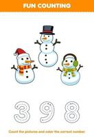 Education game for children count the pictures and color the correct number from cute cartoon snowman printable winter worksheet vector