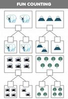 juego educativo para niños diversión contando imagen en cada caja de dibujos animados lindo oso polar montaña guarida árbol imprimible hoja de trabajo de invierno vector