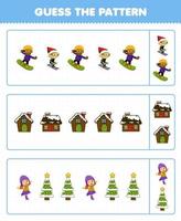 juego educativo para niños adivina el patrón de cada fila de dibujos animados lindos niños jugando esquí snowboard patinaje sobre hielo casa árbol de navidad hoja de trabajo de invierno imprimible vector