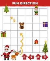 Education game for children fun direction help santa and deer move according to the numbers on the arrows printable winter worksheet