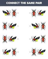 Education game for children connect the same picture of cute cartoon firefly and beetle pair printable bug worksheet vector