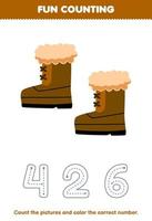 Education game for children count the pictures and color the correct number from cute cartoon boot printable winter worksheet vector