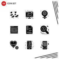 colección de 9 iconos vectoriales en estilo sólido símbolos de glifo perfecto de píxel para web y móvil signos de icono sólido sobre fondo blanco 9 iconos fondo de vector de icono negro creativo