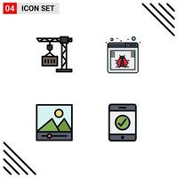 Mobile Interface Filledline Flat Color Set of 4 Pictograms of cargo media shipping virus complete Editable Vector Design Elements