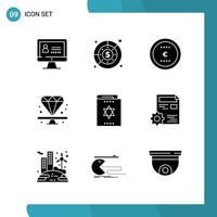 Vector Pack of 9 Glyph Symbols. Solid Style Icon Set on White Background for Web and Mobile.