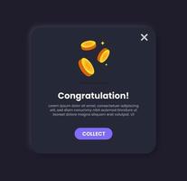 Reward pop up illustration in dark neomorphic design style. User interface element. vector