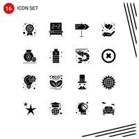Pack of 16 creative Solid Glyphs of battery money pointer bag heart Editable Vector Design Elements
