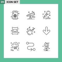 Group of 9 Modern Outlines Set for instrument food space branch hobby Editable Vector Design Elements