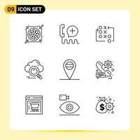 Group of 9 Modern Outlines Set for online search service cloud tactic Editable Vector Design Elements