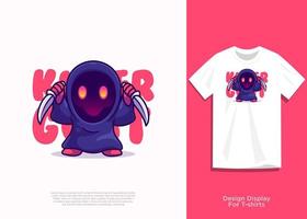 Prikiller ghost vector illustration, flat cartoon style design, with extended view on t-shirt.nt