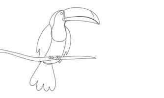 Hand draw toucan sits on a branch. Line art one continues. Vector illustration.