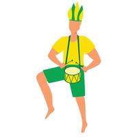 Man dancing with dump in carnival costume with feather on festivals or carnival. Vector illustration.