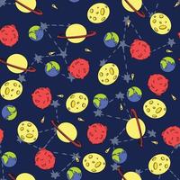 Seamless pattern with any planets and another space elements. Vector illustration.