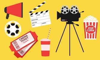 Set of any elements about cinema movie film. Camera, popcorn, coda, cinema ticket, megaphone, movie clapperboard, film reel. Vector illustration.