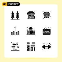 Mobile Interface Solid Glyph Set of 9 Pictograms of taj mahal building place money cash Editable Vector Design Elements