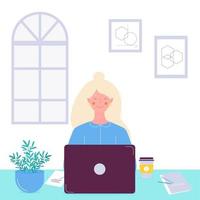 Woman works remotely, in the office, at home. The concept of online work. vector