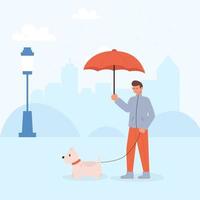 mes de pasear perros. un hombre camina con un perro en invierno, otoño bajo la lluvia, nieve. vector