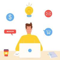 A man works remotely, in the office, at home. The concept of online work. Light bulb idea vector