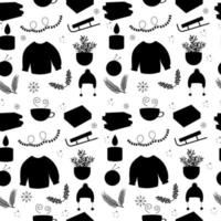 Seamless pattern winter elements silhouette. Sweater, cup, scarf, hat vector
