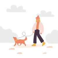 Month of dog walking. A woman walks with a dog in winter, autumn. vector