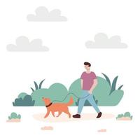 mes de pasear perros. un hombre caminando con un perro en verano. vector