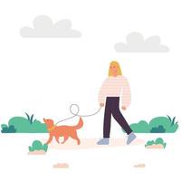 mes de pasear perros. una mujer paseando con un perro. vector