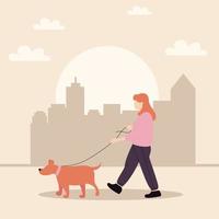 mes de pasear perros. una mujer pasea con un perro por la ciudad vector