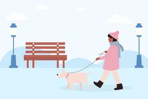 mes de pasear perros. una mujer camina con un perro en invierno. vector