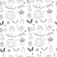 Seamless pattern winter elements outline. Sweater, cup, hat vector