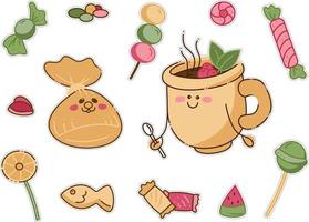 juego de pegatinas de personajes de té y dulces. lindo té, bolsa de personajes de dulces y diferentes tipos de dulces. vector