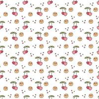 Pattern with smiles and cheries. Cute seamless pattern y2k with smiles, cherries and circles. Cartoon doodle vector illustration.